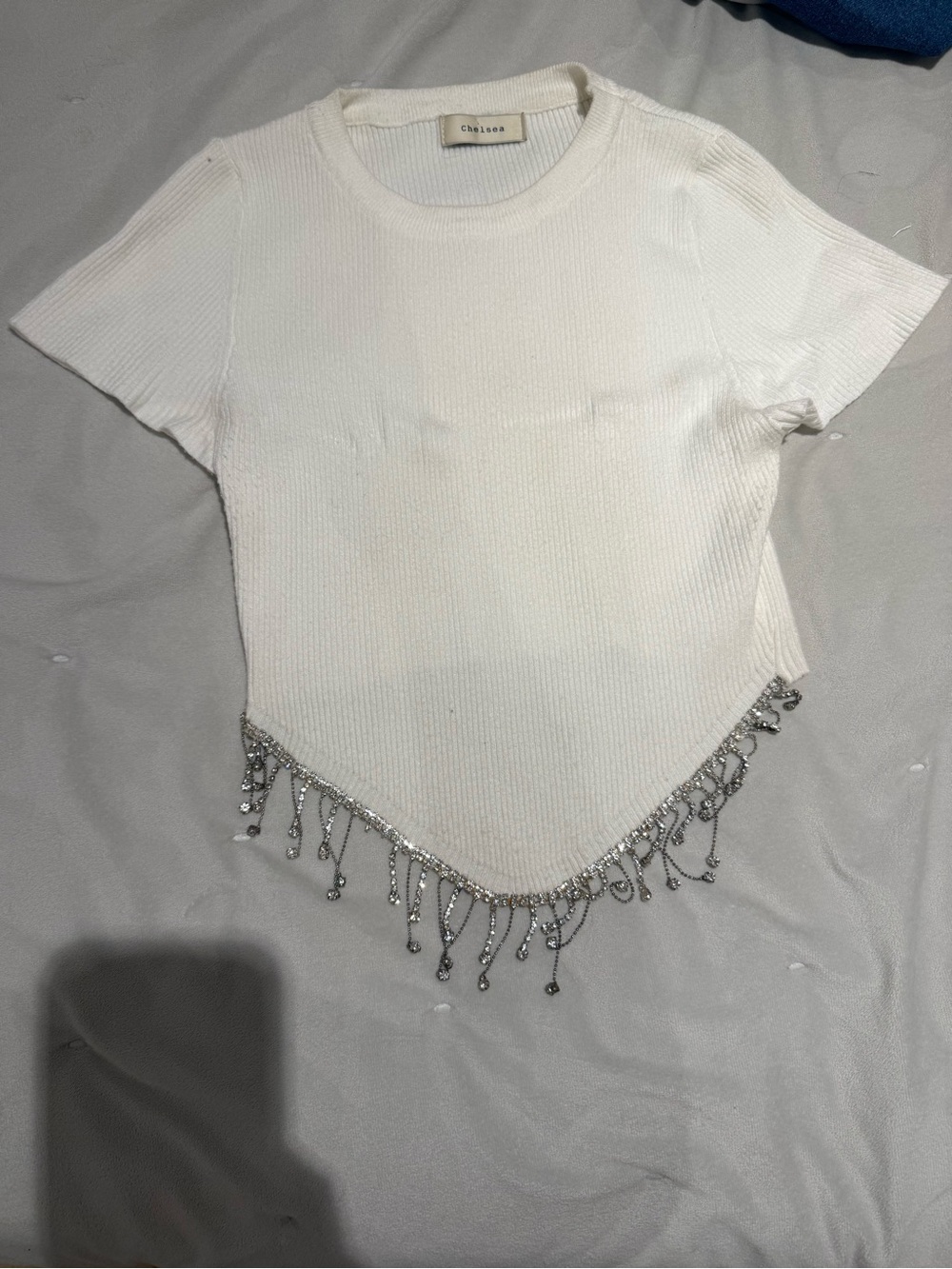 White Short Sleeve Crop Top with Beaded Fringe